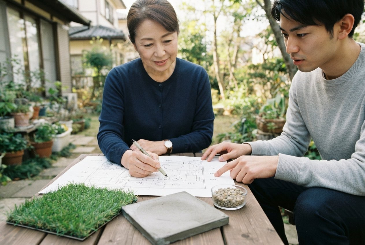 人工芝・土間・砂利それぞれの性格のイメージ